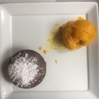 Chocolate lava cake (GREAT) with mango sorbet (meh, very frozen and not very fresh) at Seitan Urban Bistro in Lima