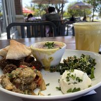 DND Max’s (5 sides) - lentil soup, garlic dip, tabouli, falafel, & the pomegranate eggplant walnuts 😍 at Dish N' Dash in Fremont