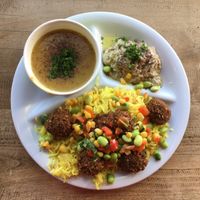 Rice, falafel, lentil soup, and babaghanouge   at Dish N' Dash in Fremont