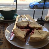 vegan cherry pie & soya chai latte at Sweet Life American Bakery and Specialty Coffee Bar in Krakow