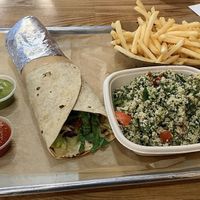 Falafel wrap with no garlic sauce, Tabouli salad, and fries!  at The Kebab Shop in Fremont