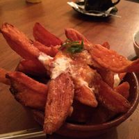 handmade sweet potato wedges with chilli jam at Lemon and Thyme in Mooloolaba