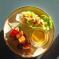 King oyster mushroom and Italian melon skewer with salad at MADENITALY in Copenhagen
