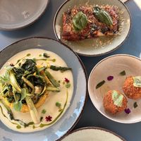 Riso al Salto, aubergine pizza slice, and suppli (tomato and mozzarella rice balls)   at MADENITALY in Copenhagen