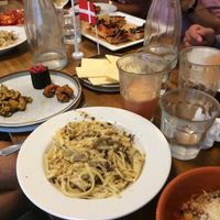 Amazing vegan spread. Gluten free pastas with mushrooms, variazione (YUM) and pizzas. Everything nut-free and ordered beforehand.  at MADENITALY in Copenhagen