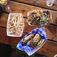 Vegan bahn mi + soy curl bowl & kimchi + fries 🌱  at Double Dragon in Portland