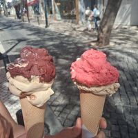 Biscuit and acai flavors and biscuit and raspberry ice cream at Fabio Lupi in Cascais
