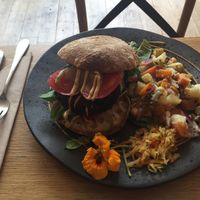 Vegan burger  at Excalibur Cafe in Glastonbury