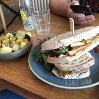 Potato salad and Excalibur sandwich. at Excalibur Cafe in Glastonbury