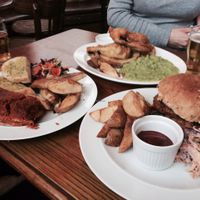 Fish and chips (back), the lasagna (left) and seitan burger (right) - all absolutely beautiful meals! So impressed with the food ❤ at The Peacock in Nottingham
