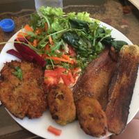 'Veggie Plate' - salad, aubergine, falafel, selery schnitzel and hummus at Couscous in Berlin