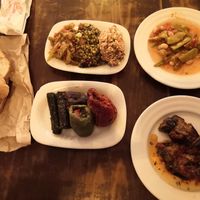 many vegan salads, stuffed vegetables, eggplant salad at Galata Kitchen in Istanbul