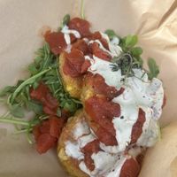 Corncakes with smoked tomatoe, fire! at A Broken Angel - Food Cart + Catering in Bend