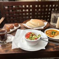 Hummus, salad, falafel combo, with Turkish coffee   at Hummus Elijah in Makati
