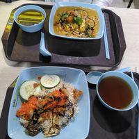 Top: mee rebus, bottom chicken rice. Broth at the side at Shi Song Vegetarian 实颂素食 in West Singapore