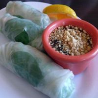 Spring rolls: fresh vegetables wrapped in noodle skin with house sauce. at Green Leaves in Los Angeles