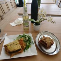 Lasagna and plum crumble  at Leaf Food in Mannheim