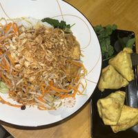 Fried tofu noodle salad and samosas  at Noodle & Roll in Hanoi