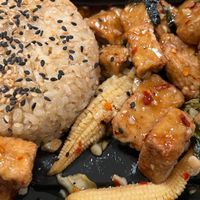 orange tofu with brown rice at Yard House in Indianapolis
