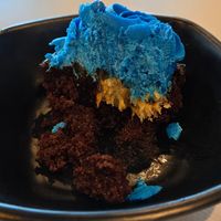 Vegan cookie monster cupcake. Chocolate GF cupcake with cookie dough and blue frosting. at Mason Dixon Bakery & Bistro in Huntsville