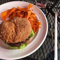 Yummy vegan burger with sweet potato chips at Mason Dixon Bakery & Bistro in Huntsville