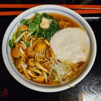 Soba with spinach, mushrooms, grated yam at Ebisu Soba in Takayama