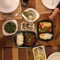 Curry, stir fry, greens, spring rolls, dumplings.  at Rou Vegetarian in Berlin