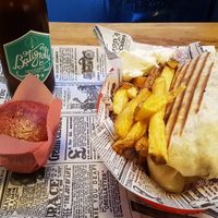 Kebab, fries with mayo, beer and raspberry muffin at Vegan Hero in Paris