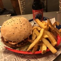 Vegan burger and fries with samurai mayo. at Vegan Hero in Paris