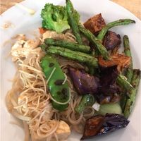 Vegetable rice noodles w/steamed tofu and green beans and eggplant w/fried tofu at China Garden in Orono