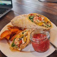 Vegan wrap with salsa and sweet potato chips at Food4Thought in Chiang Mai