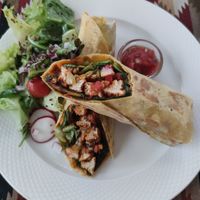 Vegan Mexican Wrap with spicy tofu and side salad at Food4Thought in Chiang Mai
