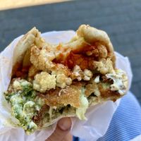 Pesto and eggplant and potato and cauliflower   at Falafelle in Belmont