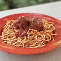 Spaghetti with impossible meatballs  at Disneyland - Boardwalk Pizza & Pasta in Anaheim