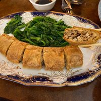 Tofu skin stuffed with mushroom, plus pea leaves  at Chengdu Center City 成都 in Philadelphia