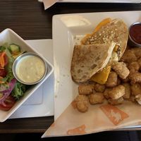 Vegan grilled cheese & tots plus salad with vegan guacamole ranch dressing - mmmm! at Venti's Cafe and Taphouse in Salem