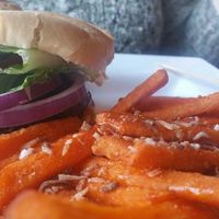 One of two vegan burgers on the menu, with sweet potato fries at Venti's Cafe and Taphouse in Salem