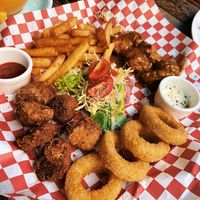 Sharing platter with chicken skewers, popcorn chicken etc  at LN Fortunate Coffee in Hong Kong Island