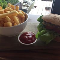 Vegan Burger with Small Chips at SnakeBite Brewery in Franz Josef Waiau