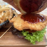 Tofu burger with fries.  Must ask no mayo   at SnakeBite Brewery in Franz Josef Waiau