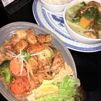 Vegan pad thai and green curry. at King Tiger in Franz Josef