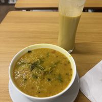 Mango lassi (vegan at last!) and a soothing thali dhal soup  at Thenga Cafe in London