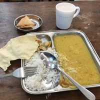 Lunch set with samosa and masala chai at Thenga Cafe in London