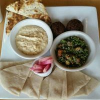 Falafel, taboule, hummus and pickled turnip with gluten free bread and pita at Marie Catrib's in Grand Rapids