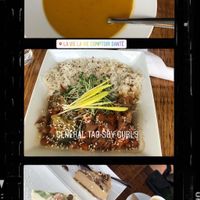 Sweet potato soup special, General Tao Bowl and Key Lime and Pecan Caramel raw cheesecake  at La Vie La Vie Comptoir Sante in Saint-hyacinthe