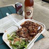 Pono chili with a half side salad and half rice  at Umeke Market in Honolulu