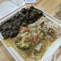 Taro stew, collards and curry - all so good! at Umeke Market in Honolulu