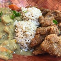 Kalo curry, brown rice, and Korean mock chikken   at Umeke Market in Honolulu