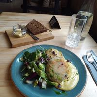Raw buckwheat and green pea cutlets, fresh salad and mustard dressing. Bread was an extra. at Aparaat in Tartu
