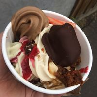 Peanut butter, mint & choc hazelnut soft serve.  at goje in Yarraville